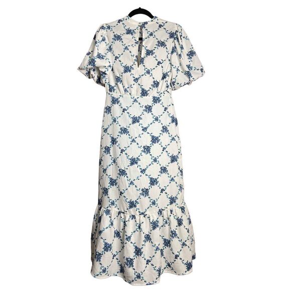 VERO MODA Puff Sleeve Midi Ruffle High Neck Tea Dress Floral in White Large NWT - Picture 6 of 10